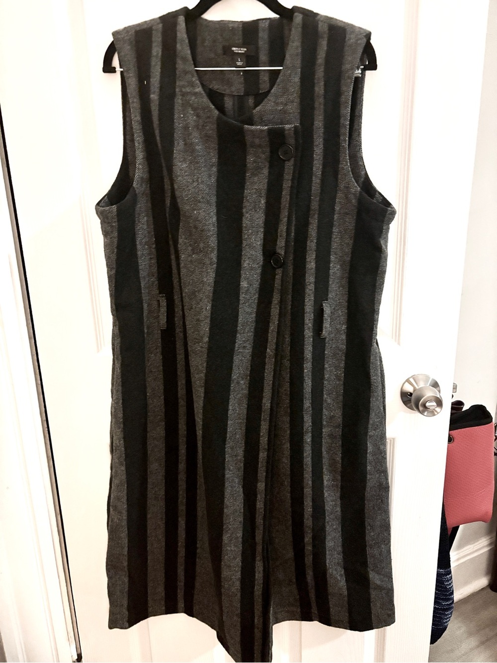 Simply Vera Wang Size Large Black and Grey Stripe Dress Over Coat with Buttons
